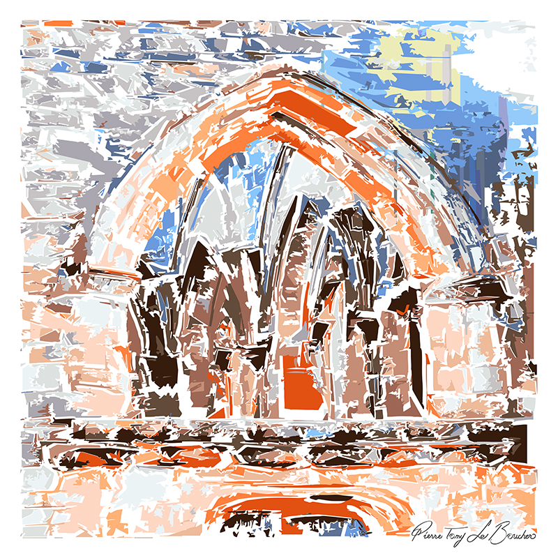 Ruines gothiques en Écosse transformées en composition graphique orange, brune, grise, bleue et blanche, œuvre de la série Architexture.